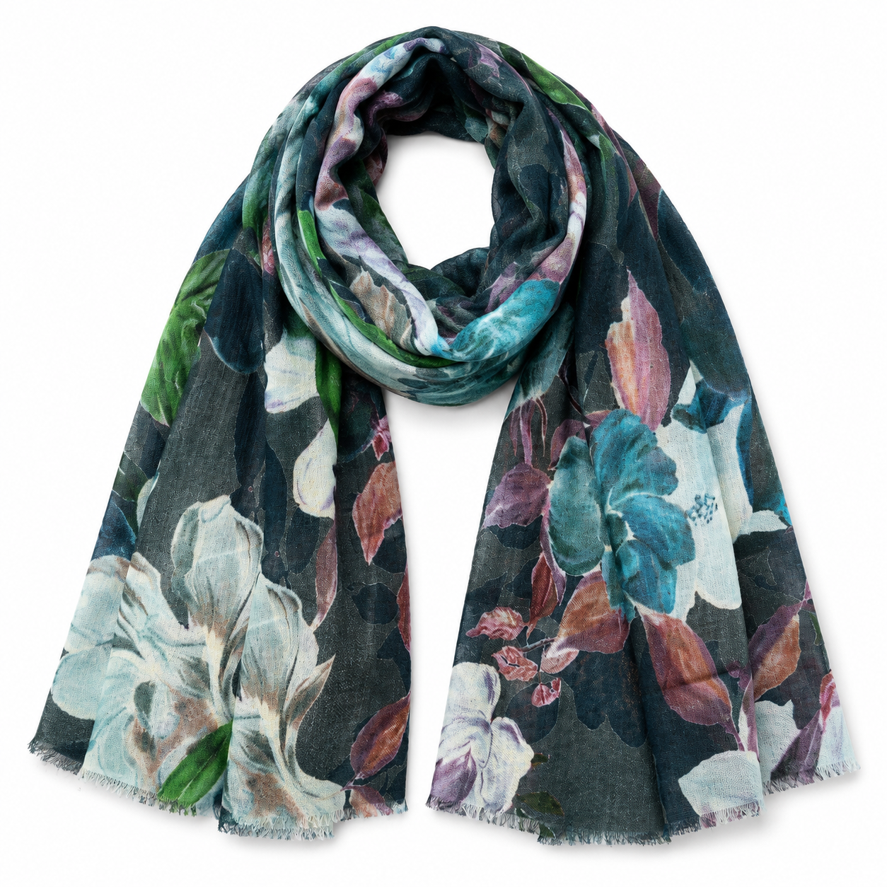 A lightweight merino wool scarf floral scarf with a dark charcoal base and large watercolor-style flowers in teal, white, green, and mauve,