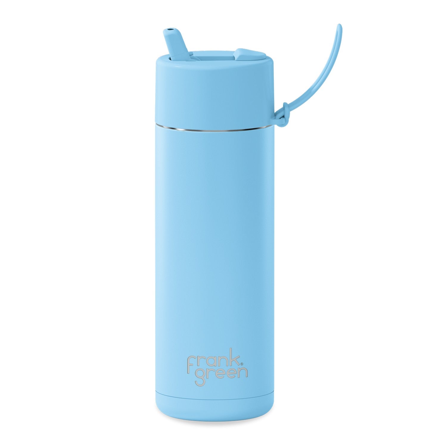 Light blue Frank Green water bottle with straw lid on a white background