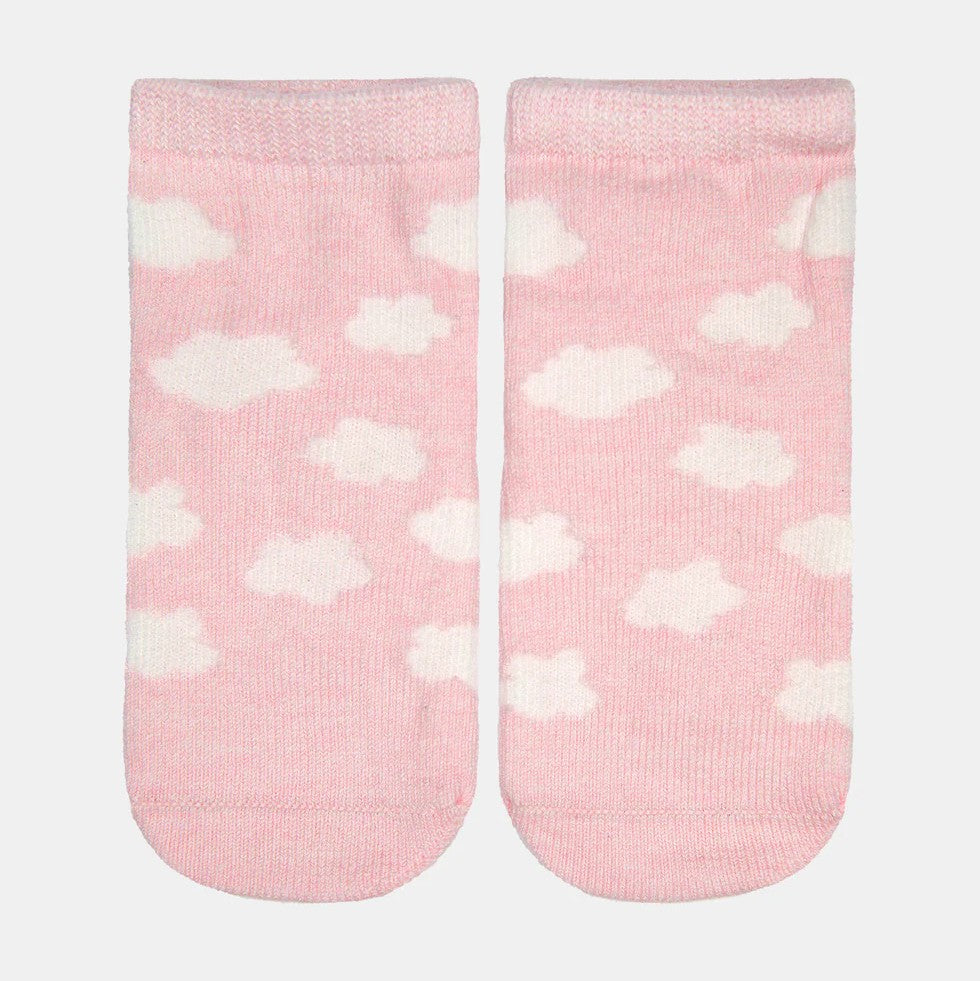 A pair of pink baby socks with a cloud pattern, displayed against a white background.