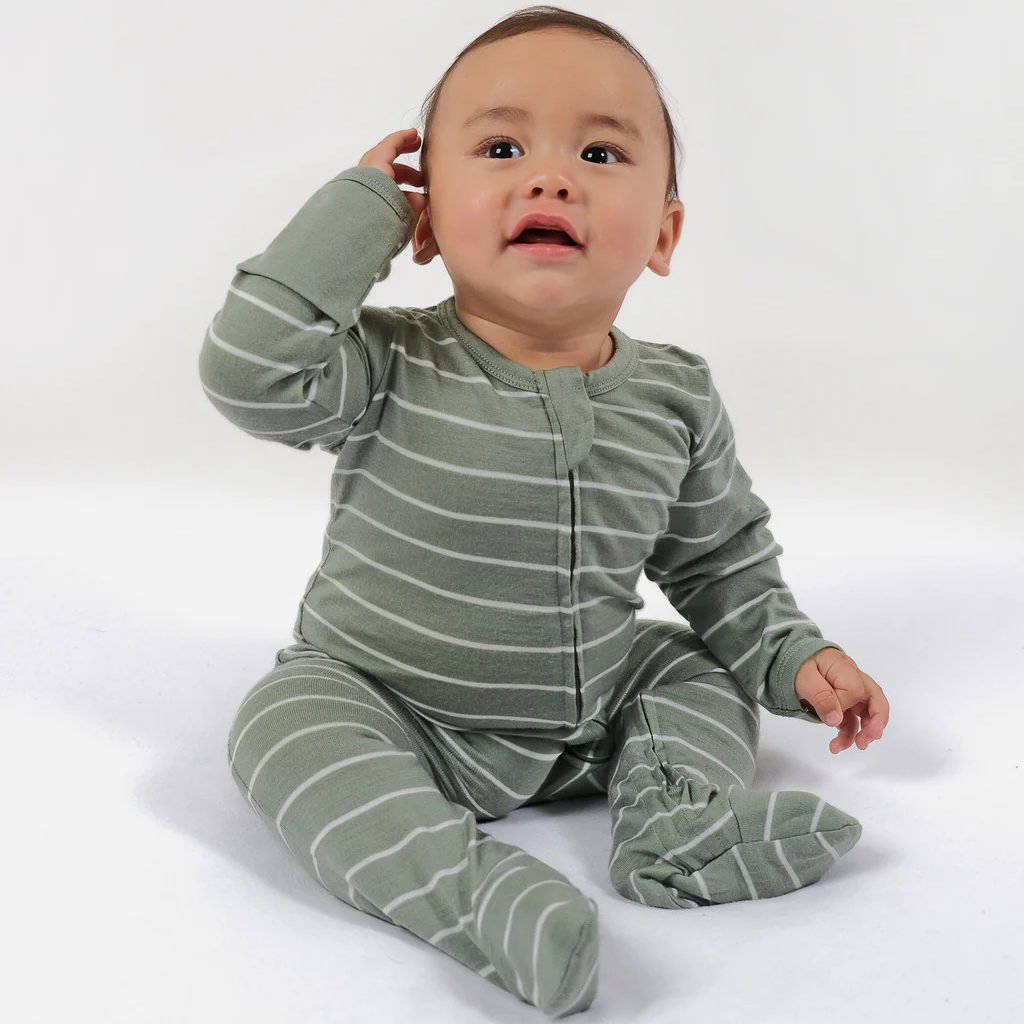 Babu Merino Footed Onesie Sage Stripe