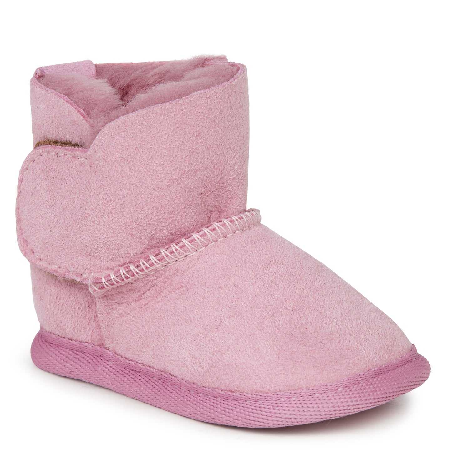 A single pink suede ankle boot with a soft plush lining, a decorative stitched strap, and a matching pink sole, shown on a plain white background.