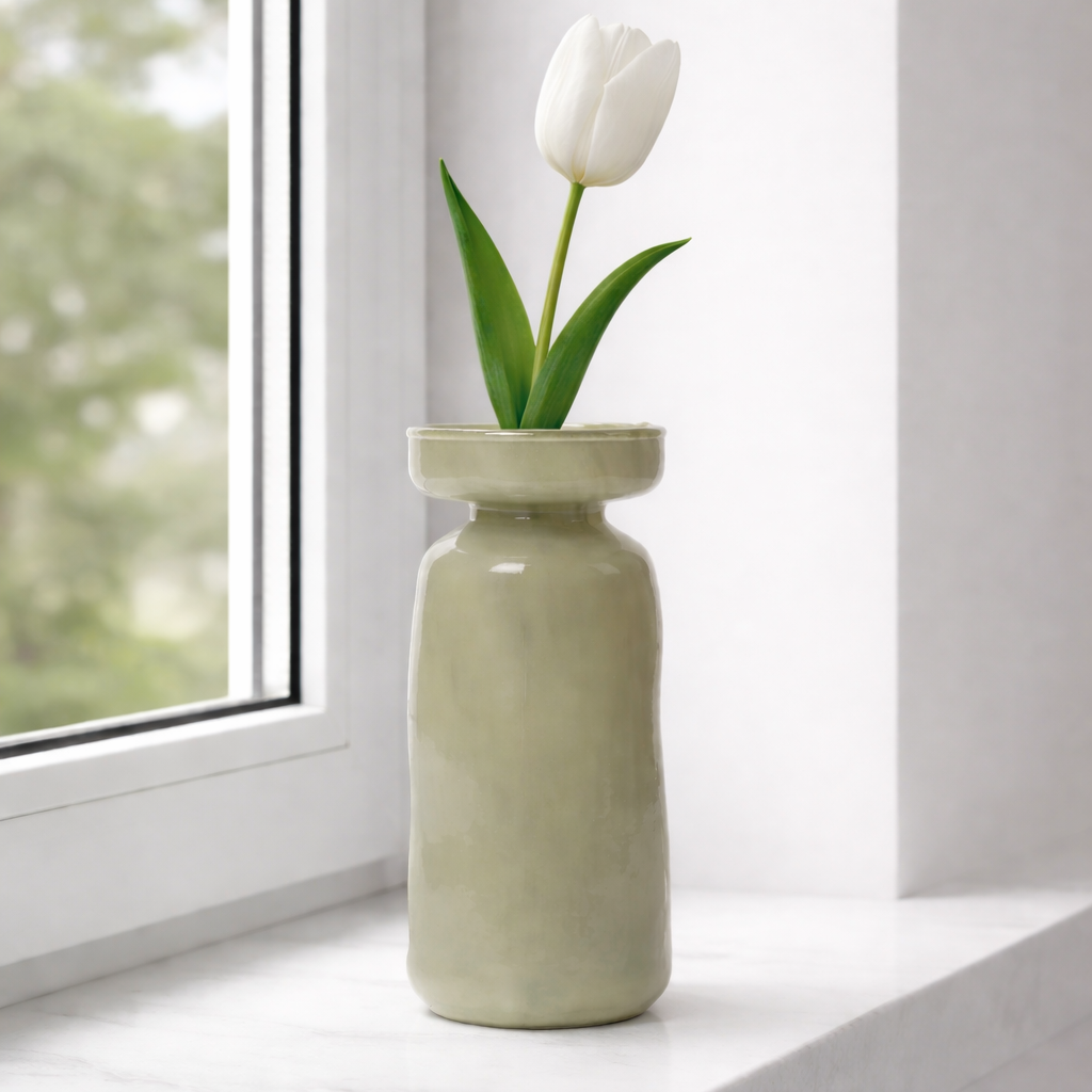 Green vase with a white tulip on a windowsill