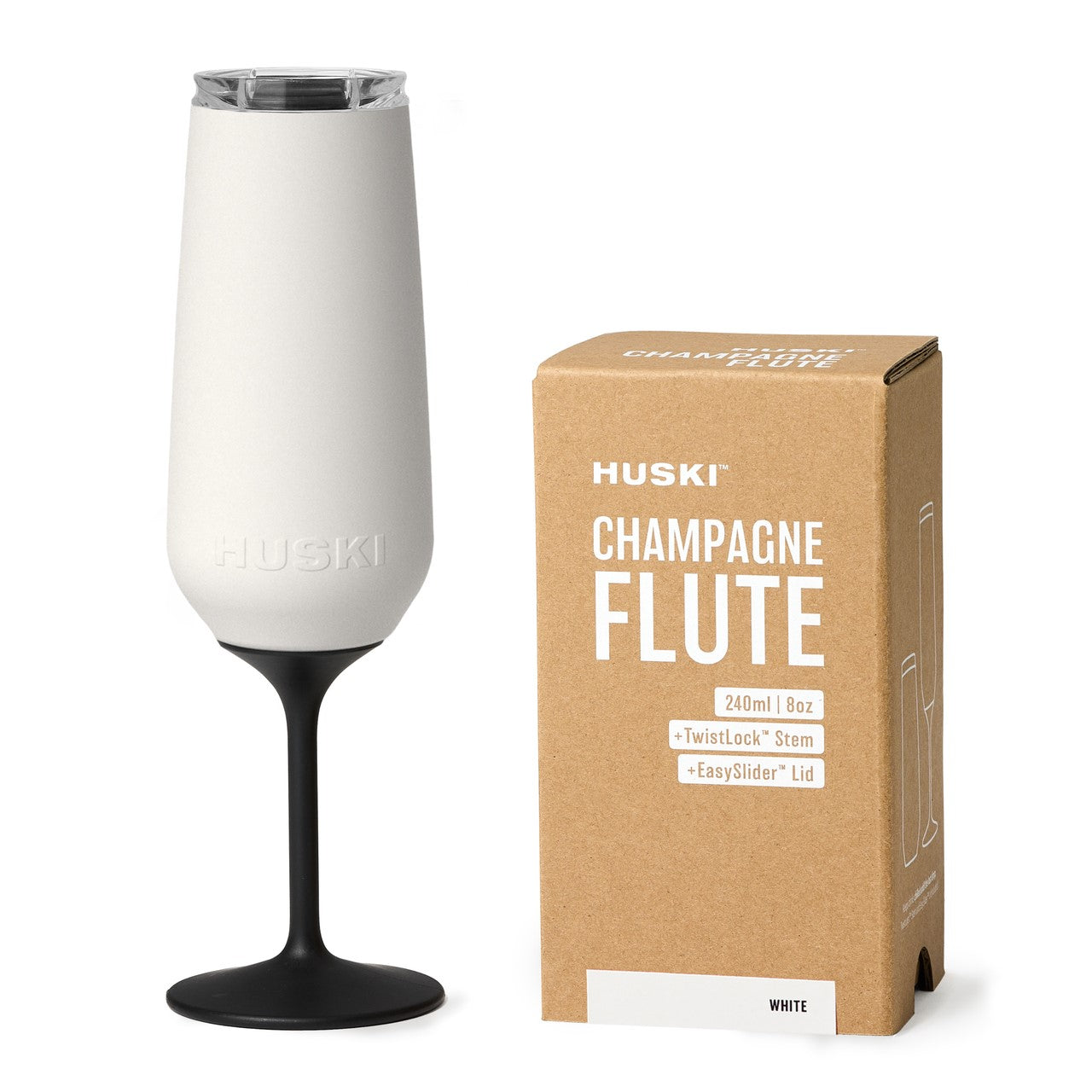 A white Huski brand champagne flute with a black base,