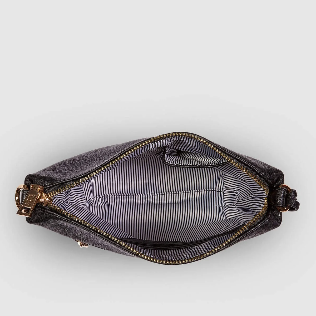 Open leather handbag with striped lining