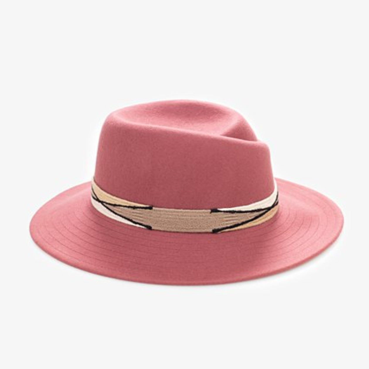 A pink fedora hat with a patterned band
