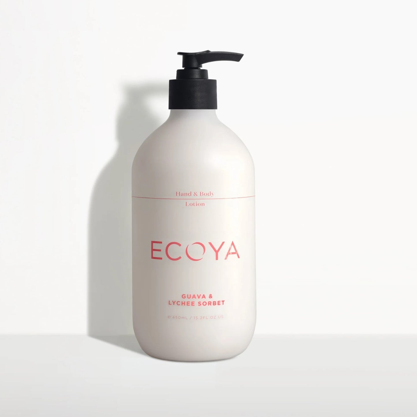 A white pump bottle with the Ecoya brand label, containing the Guava & Lychee Lotion.