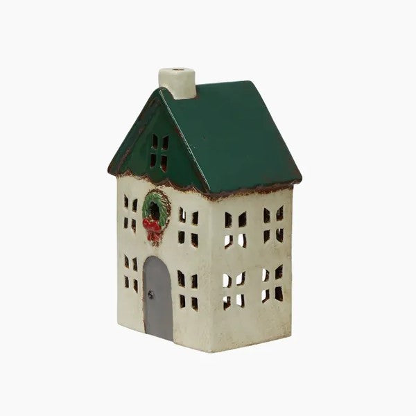 Christmas Tea Light House Green w Wreath Small