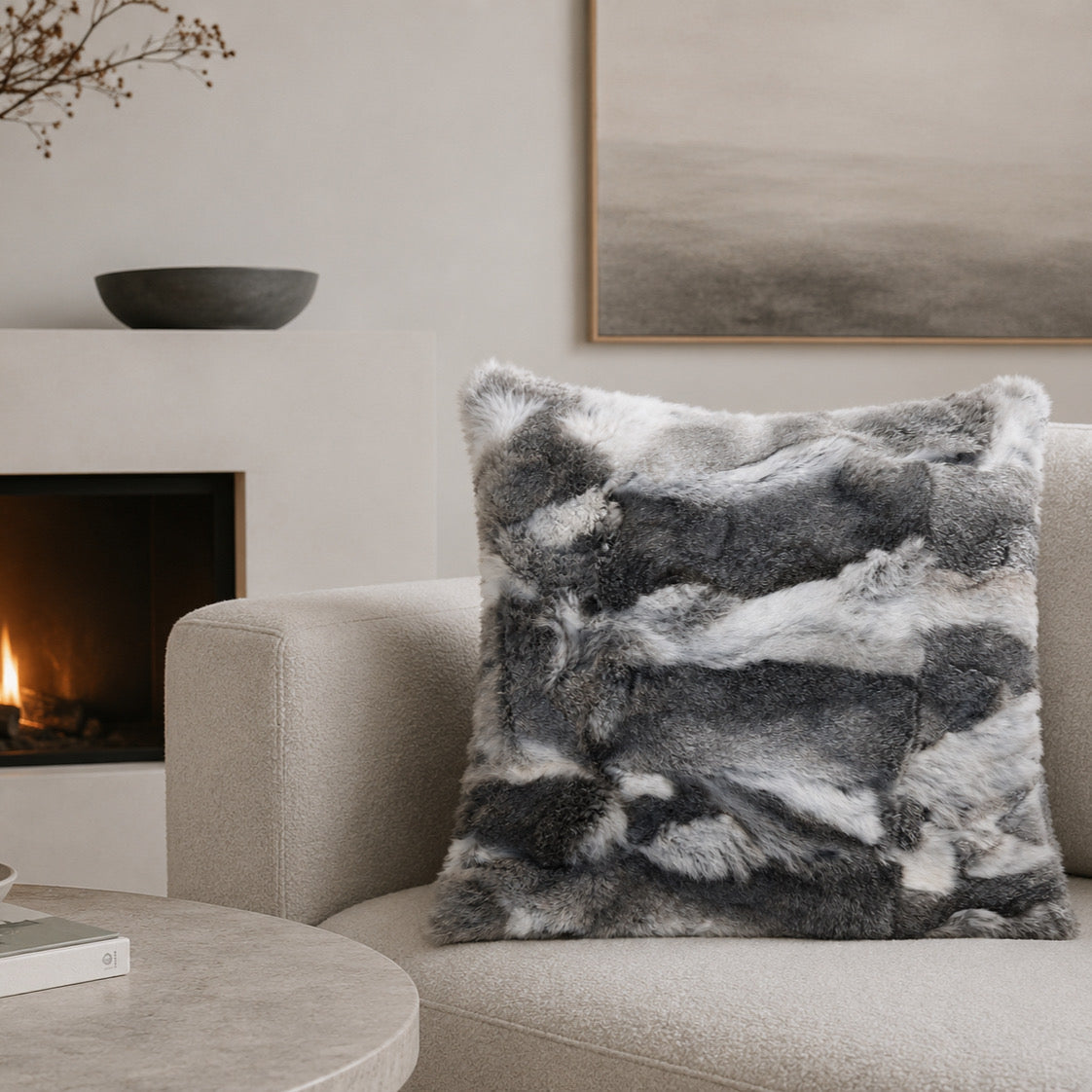 Rabbit Fur Cushion Cover Grey