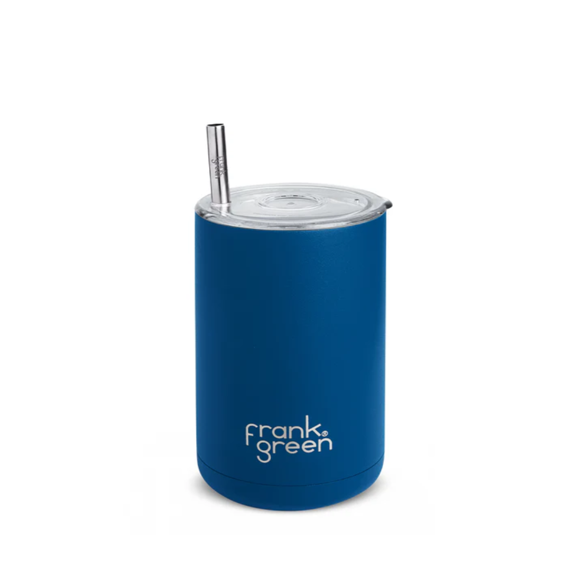 Blue reusable cup with straw and lid on a white background, featuring the brand 'frank green'.