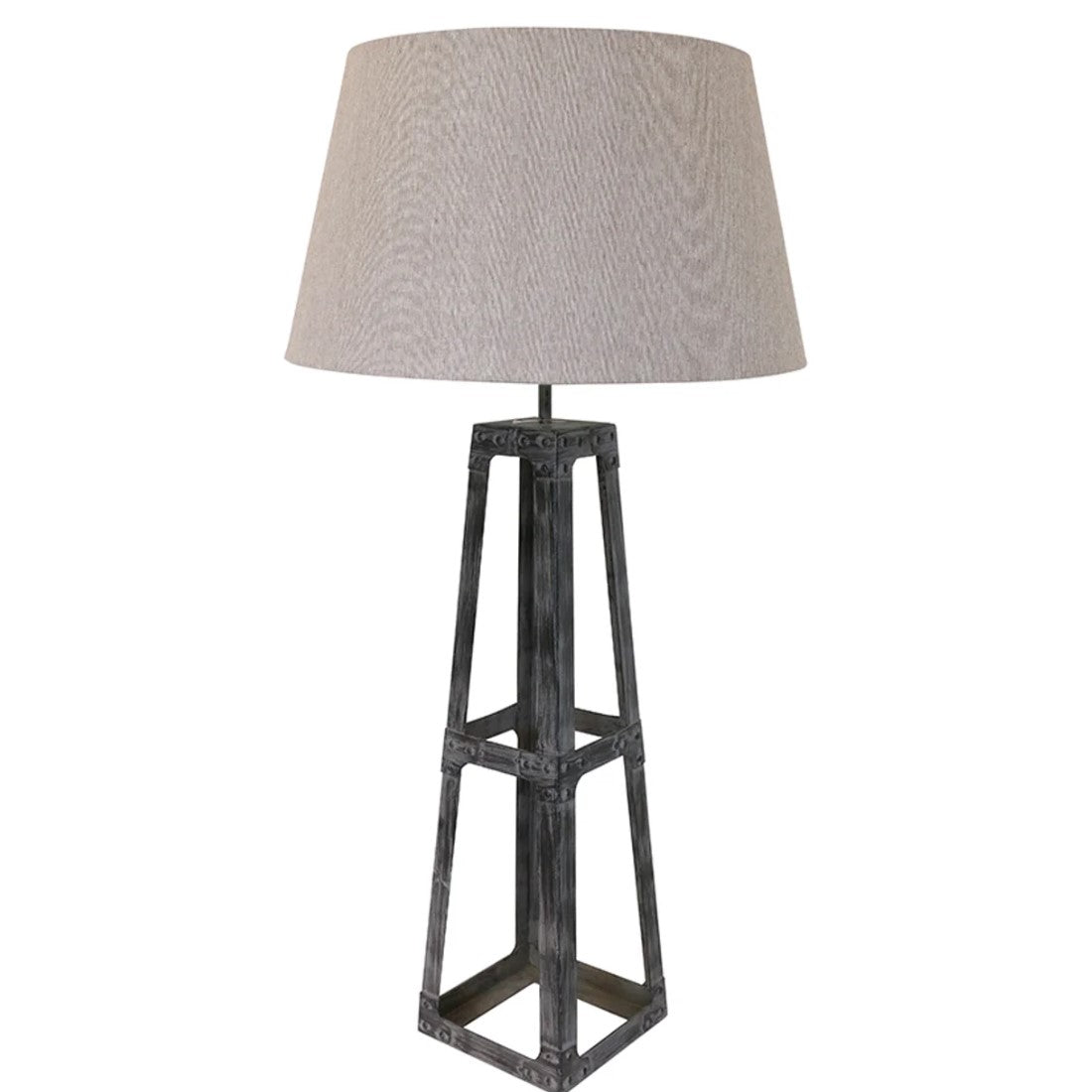 A Eiffel Metal Table Lamp with a grayish metal base and a beige tapered drum lampshade.