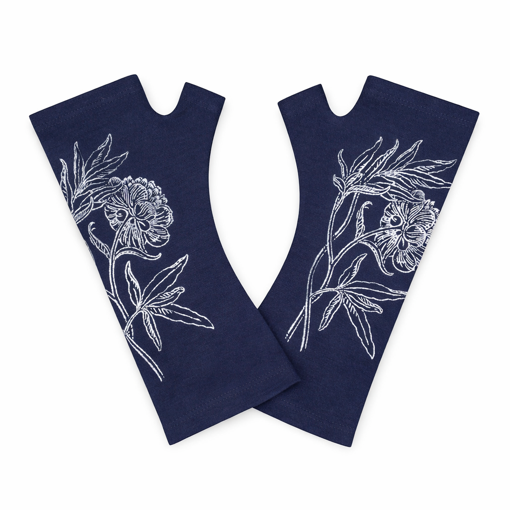 Navy blue fingerless gloves with white floral patterns