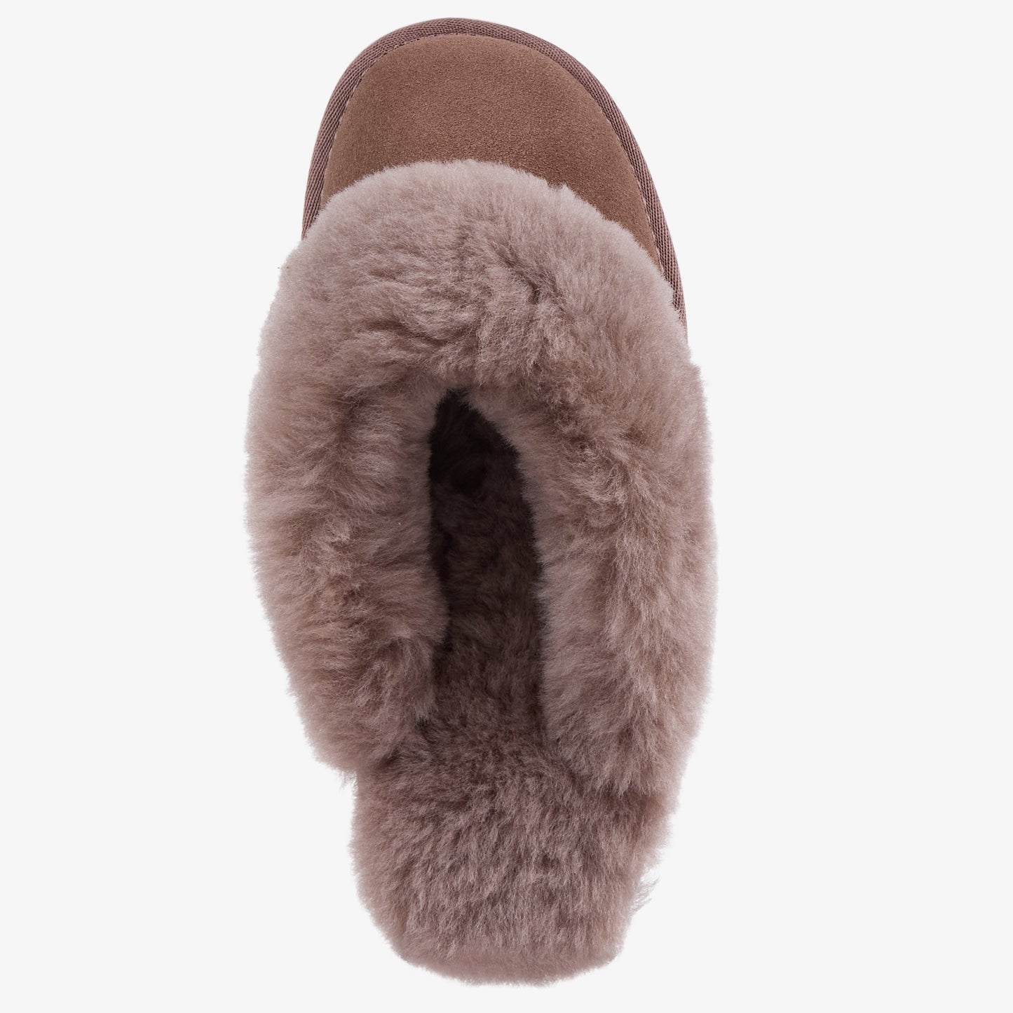 A single slip-on slipper shown from a top-down view, featuring a soft taupe faux-fur cuff and a smooth mocha suede-like upper, set against a plain light gray background.
