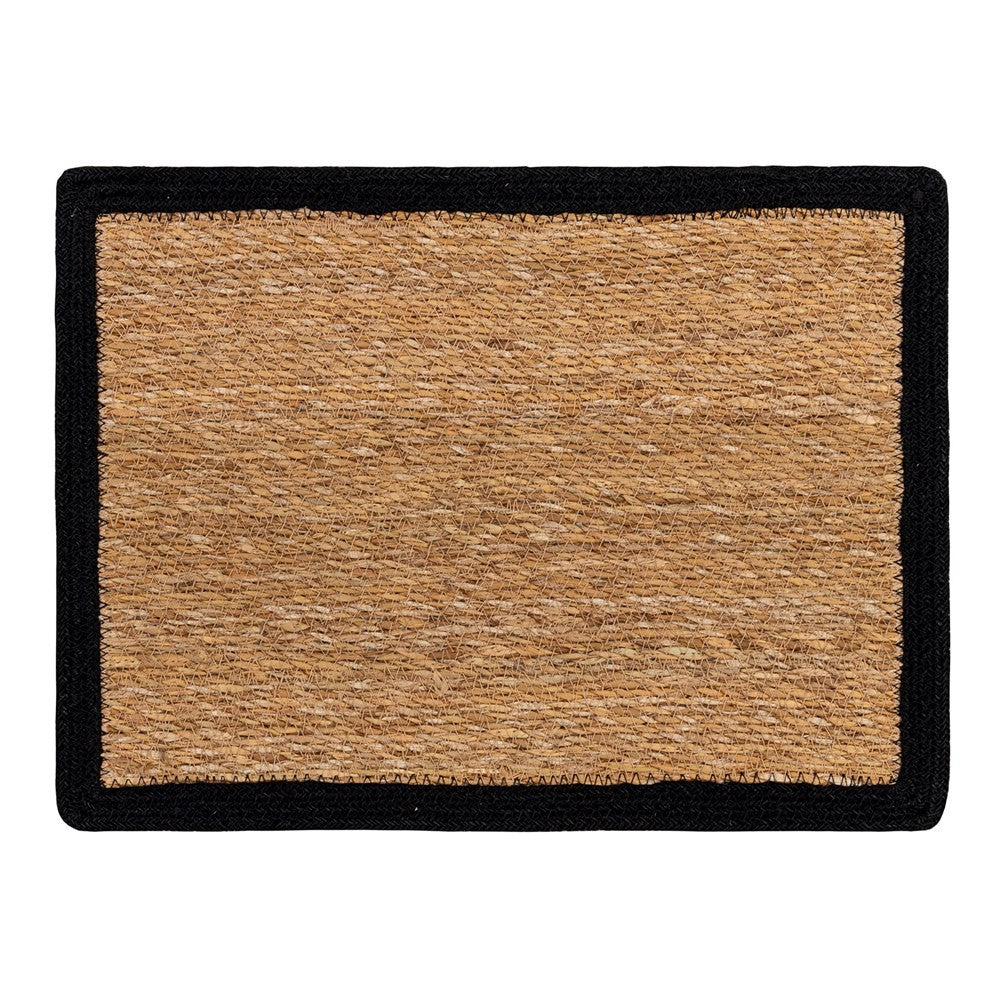 A rectangular jute placemat with a black border.