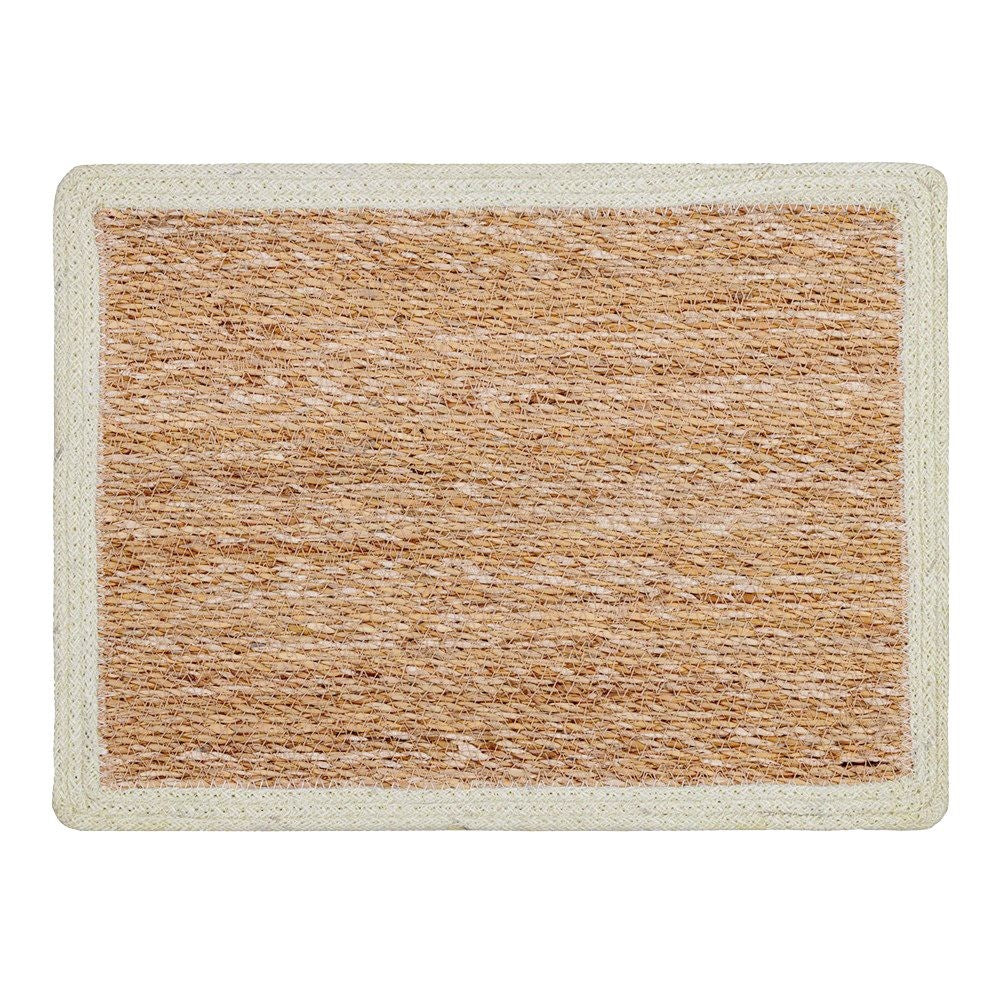 A rectangular jute placemat with a white border.
