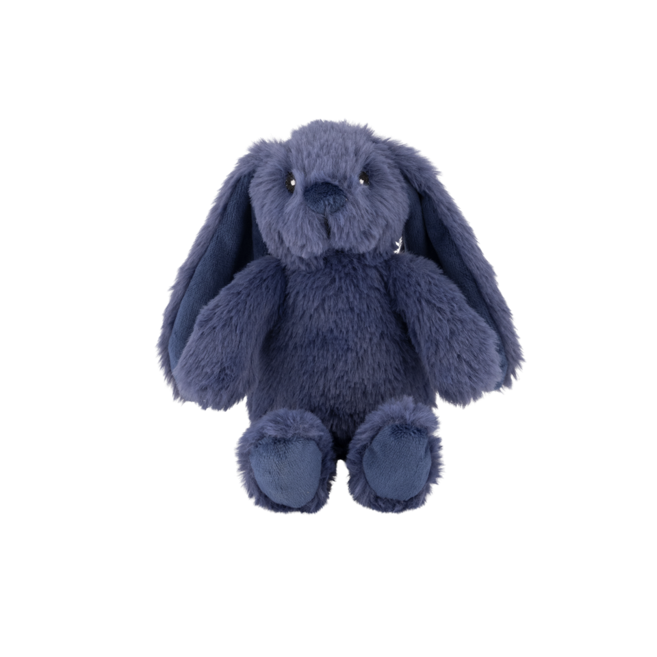 A plush toy resembling a bunny with a sapphire blue color.
