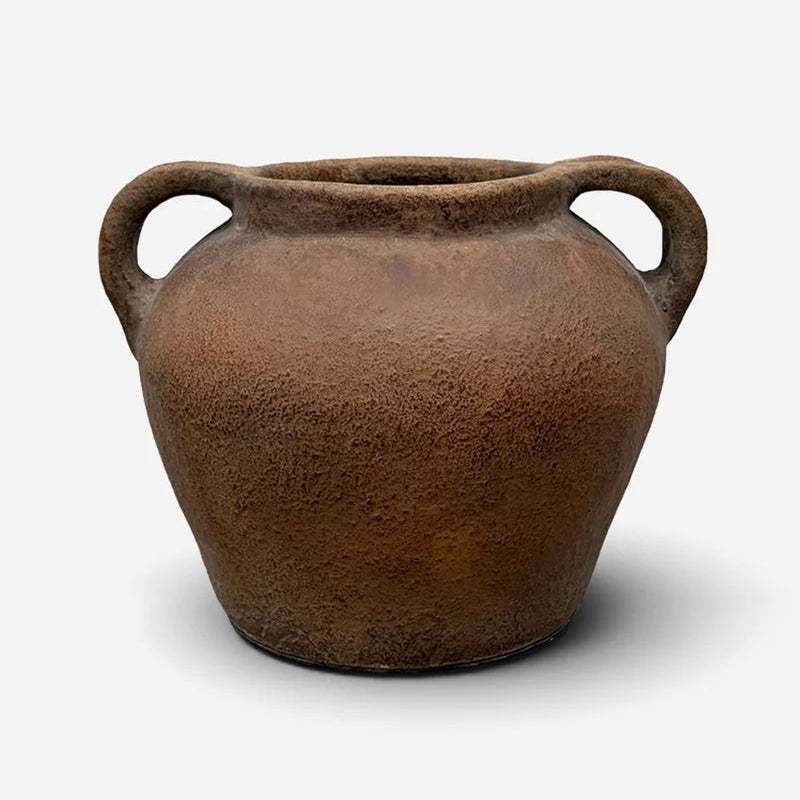 Brown ceramic pot or vase with handles