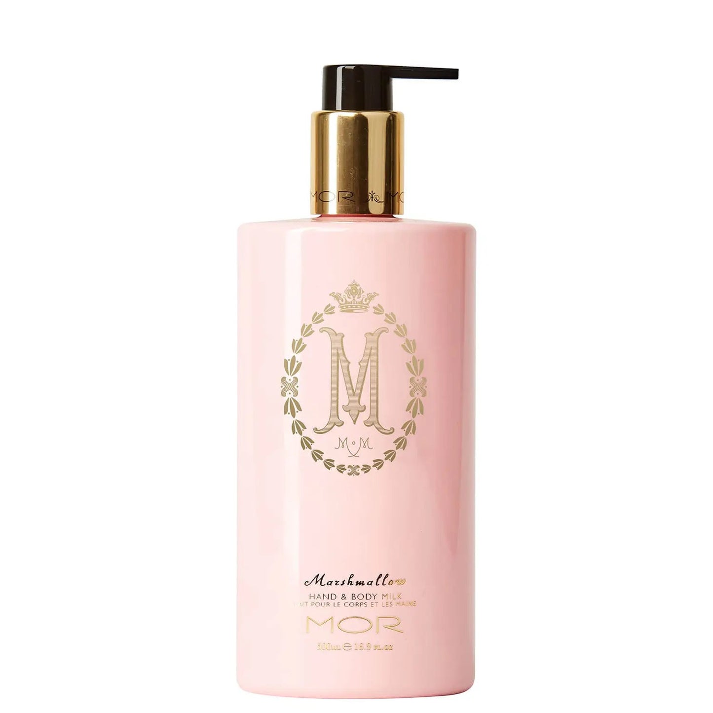 A pink pump bottle of MOR Marshmallow Hand & Body Lotion with a gold-colored lid.