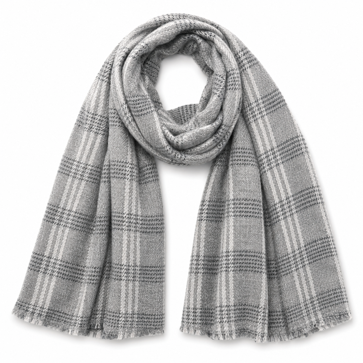 A Merino Wool Cashmere grey and white plaid scarf with fringed edges,