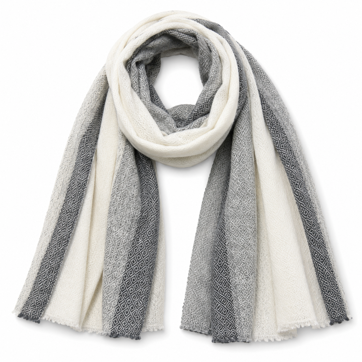 A Merino Wool Cashmere scarf with alternating wide stripes of cream white and textured grey