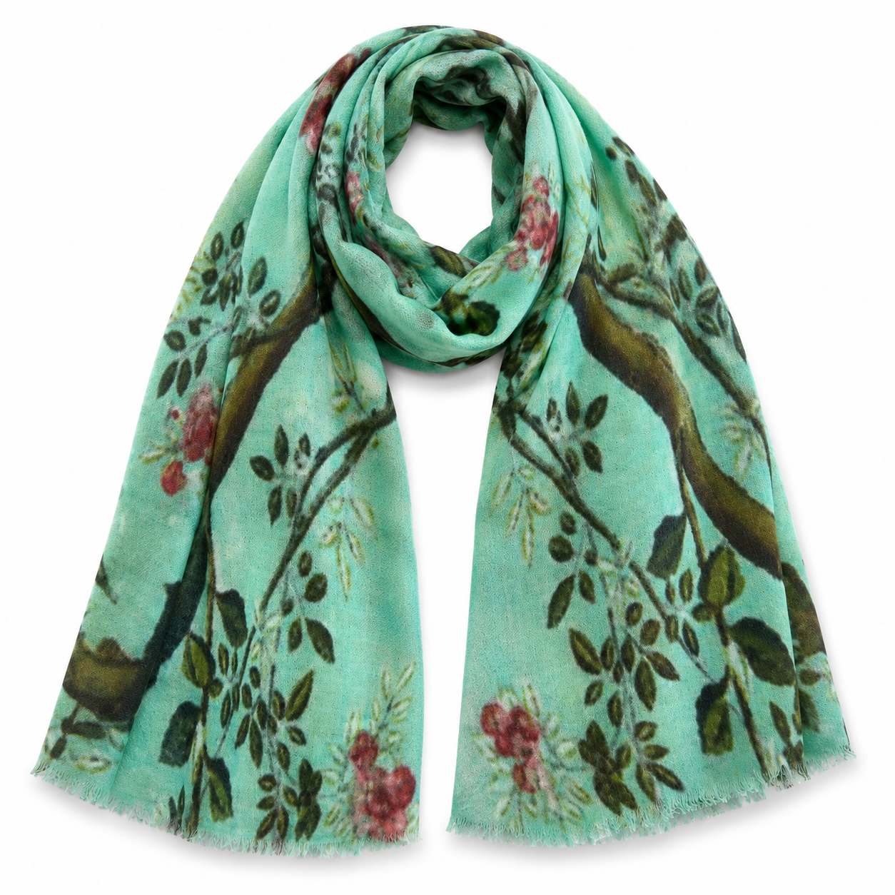 A mint green Merino Wool Scarf scarf with a delicate floral and branch print, featuring pink blossoms and dark green leaves
