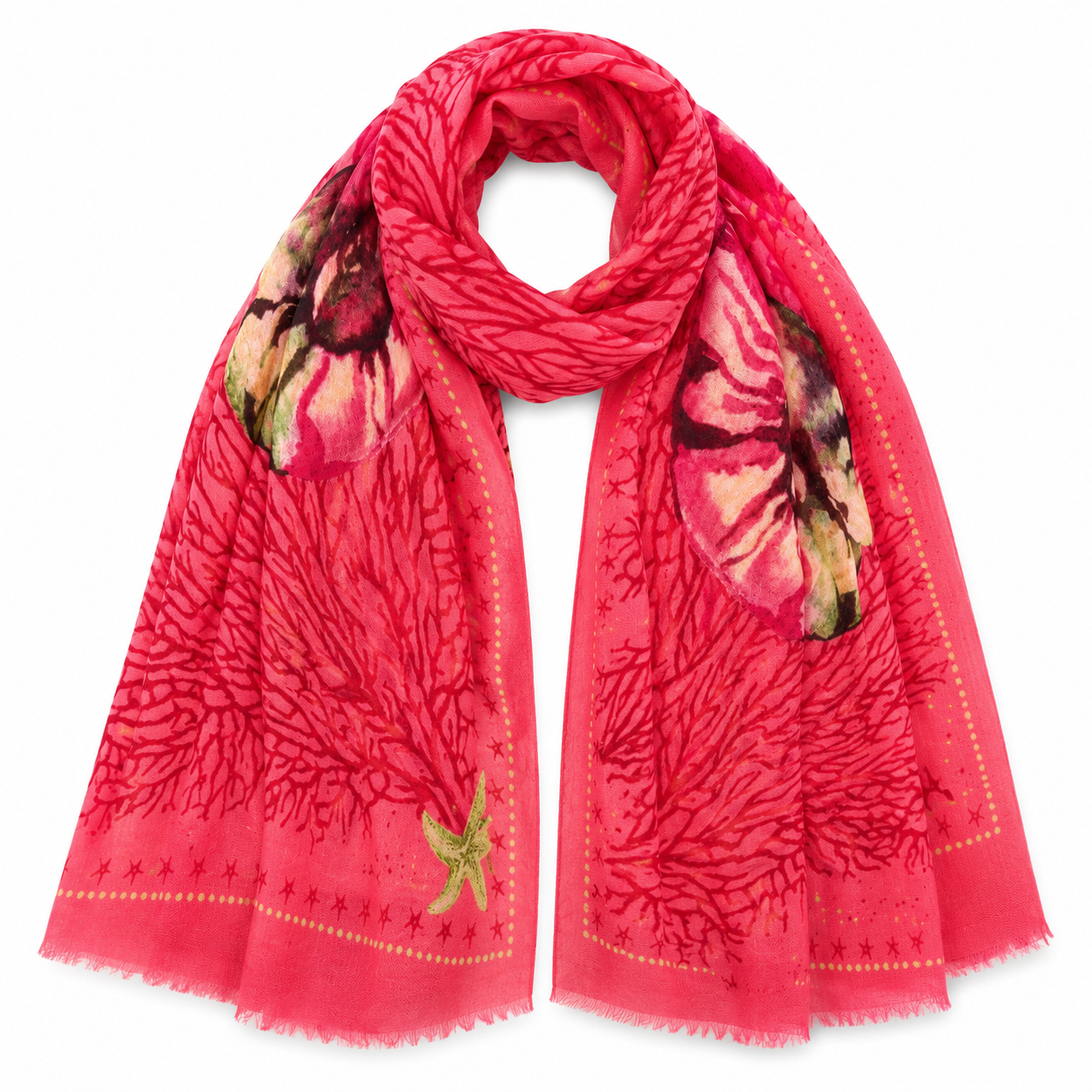 a Merino Wool Scarf with shell and beach patterns with bright vibrant colors