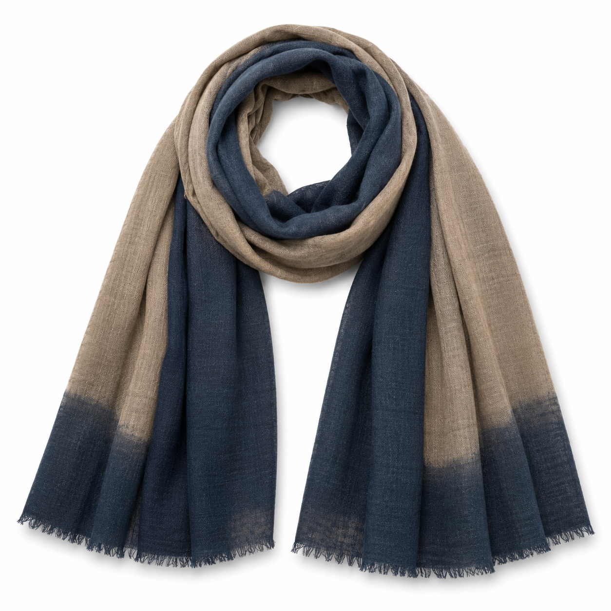 A lightweight merino Wool Silk Scarf woven scarf with a color-blocked design of beige and navy blue, featuring a subtle ombre effect at the fringed ends