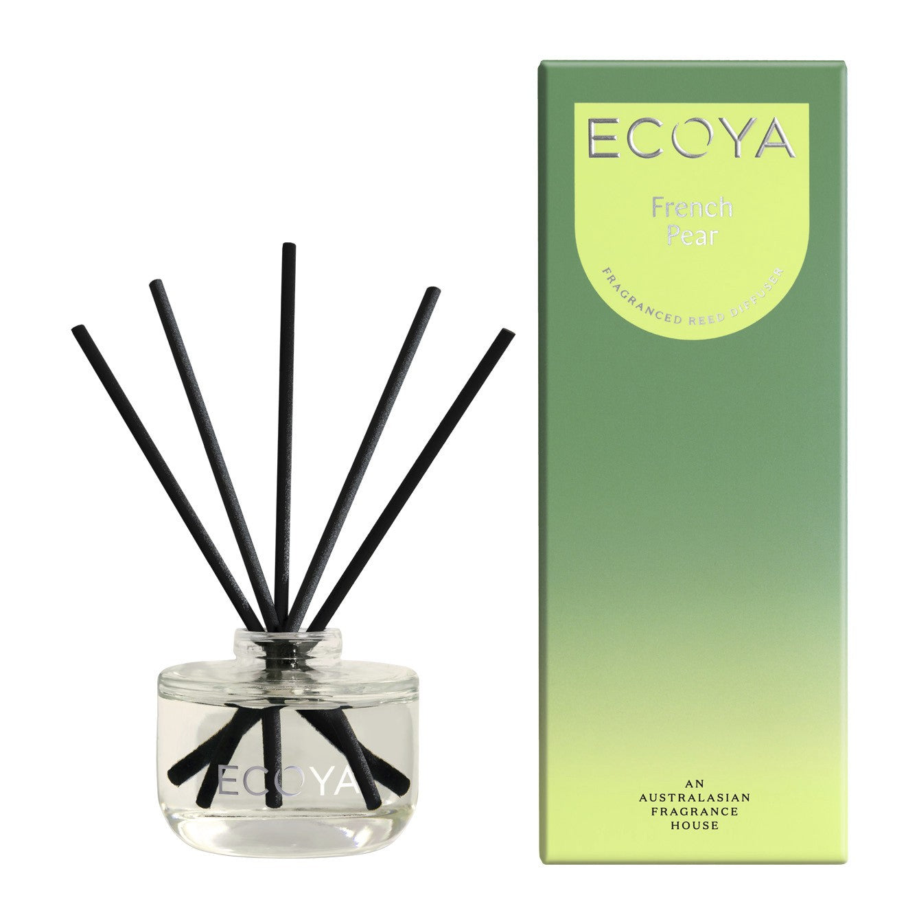 Ecoyla mini french pear diffuser with black sticks and packaging