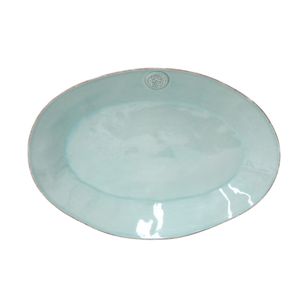 Light blue ceramic platter with a logo