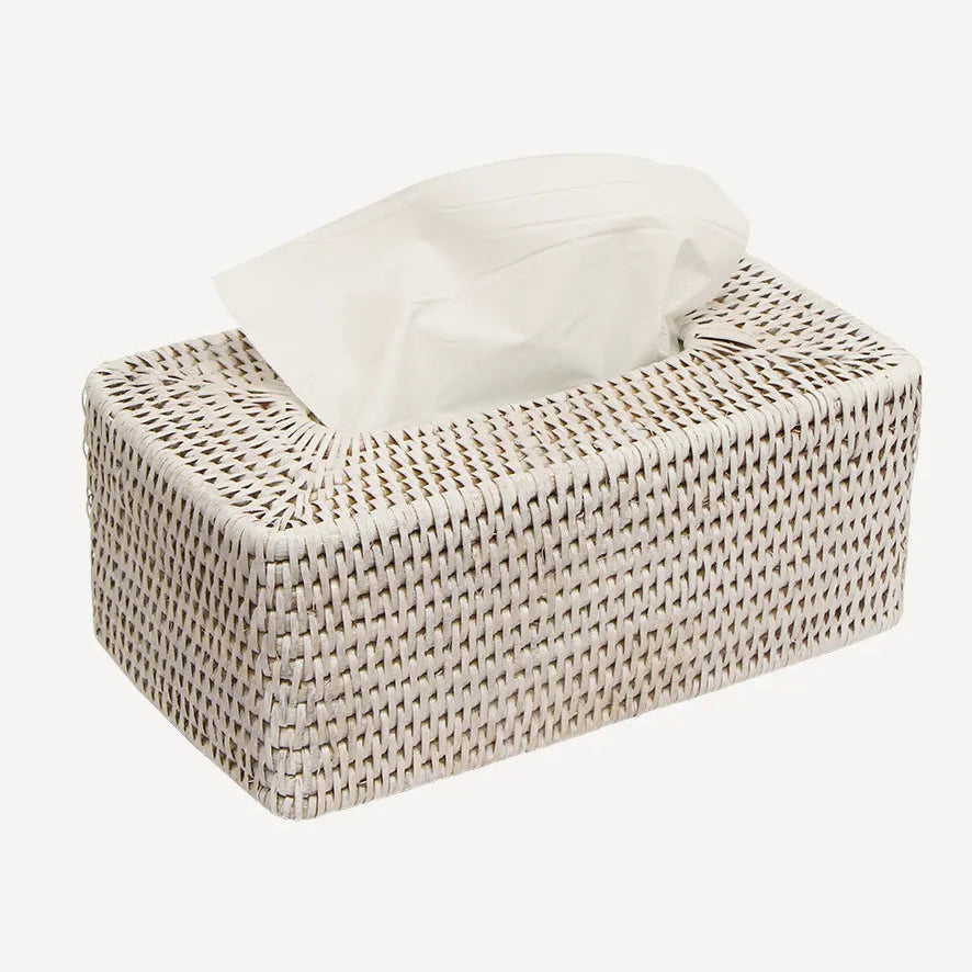 White washed rattan tissue cover box
