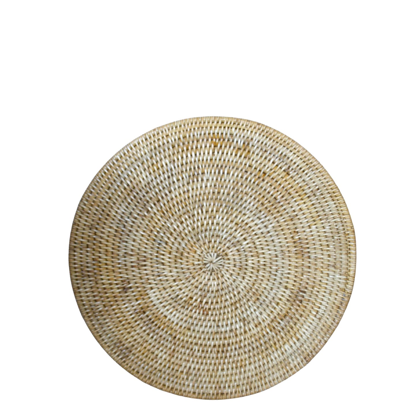 A round natural beige rattan placemat with a woven pattern.