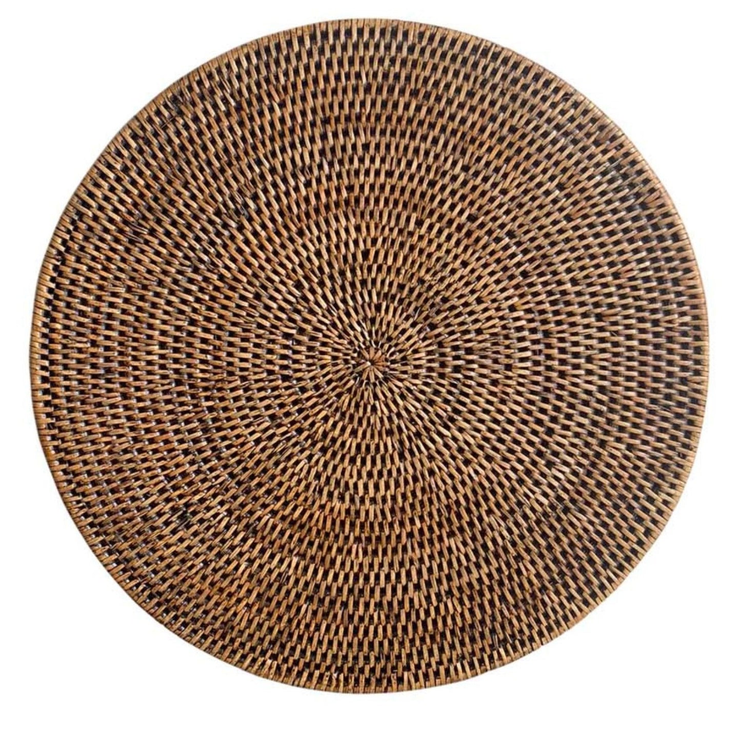 A round brown rattan placemat with a woven pattern.