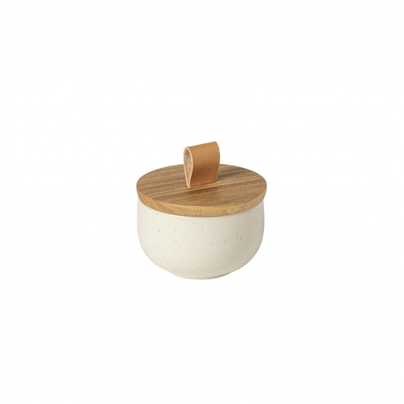 Small ceramic container with a wooden lid
