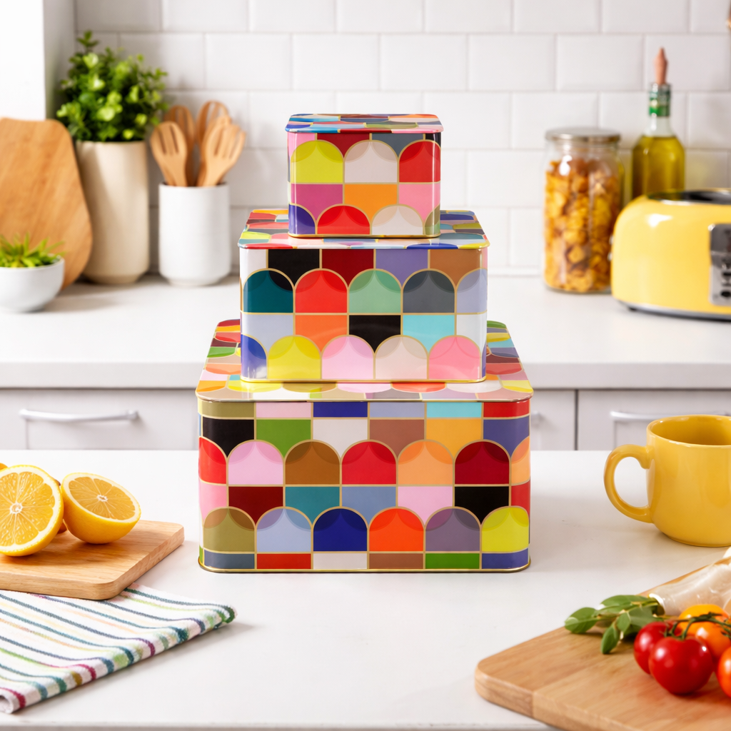 Colorful geometric-patterned canisters on a kitchen counter with lemons, tomatoes, and a toaster in the background.