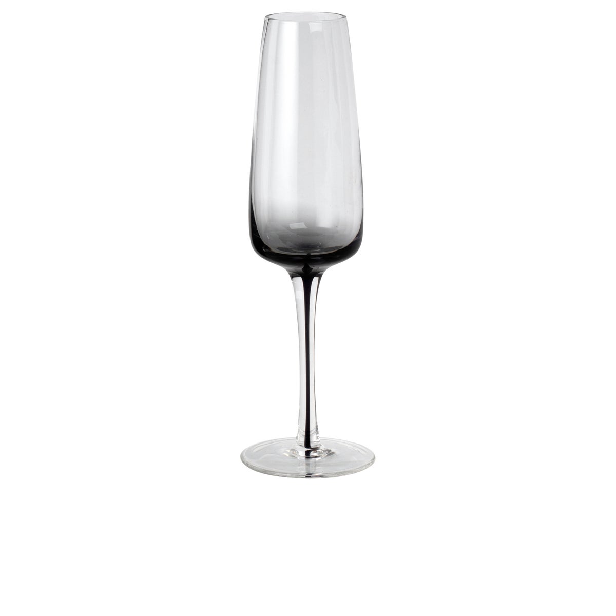 smoke gray colored flute glass with a long stem.