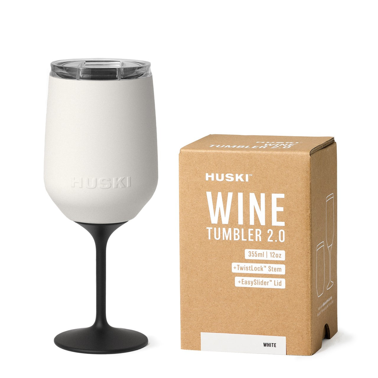 A white Huski branded wine tumbler with a detachable stem and a brown Huski box labeled 'WINE TUMBLER 2.0' with product details.