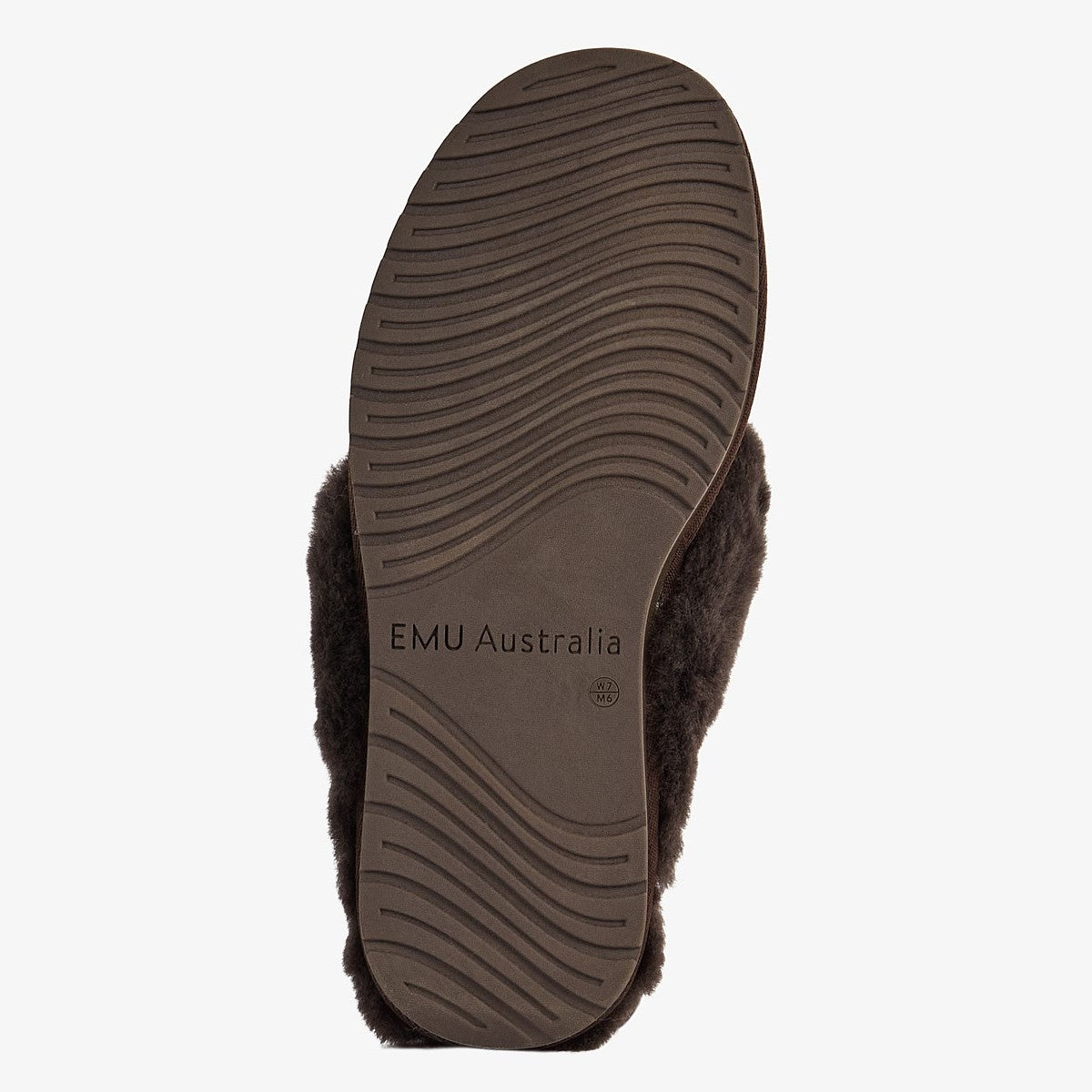 The outsole of a dark brown slipper with dark brown faux fur trim, featuring the text 'EMU Australia' printed on the center, shown against a light gray background.