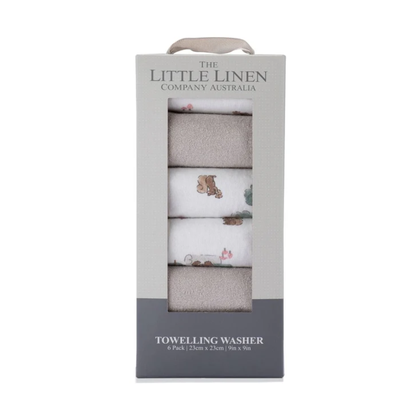 Packaging of The Little Linen Company Australia towelling washer with four folded towels inside.