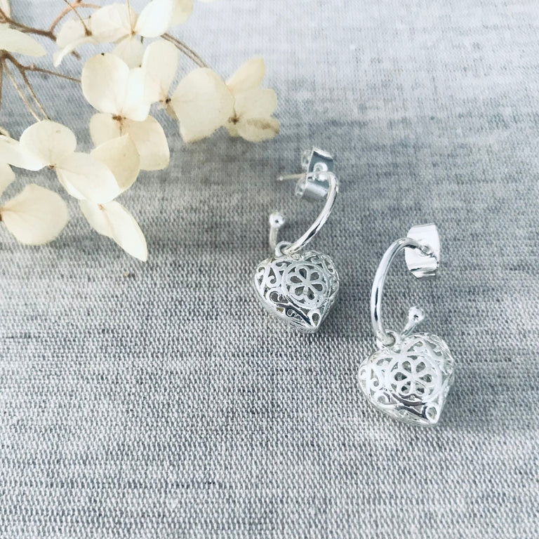 Twigg Filigree Heart Stud Huggies Sterling Silver