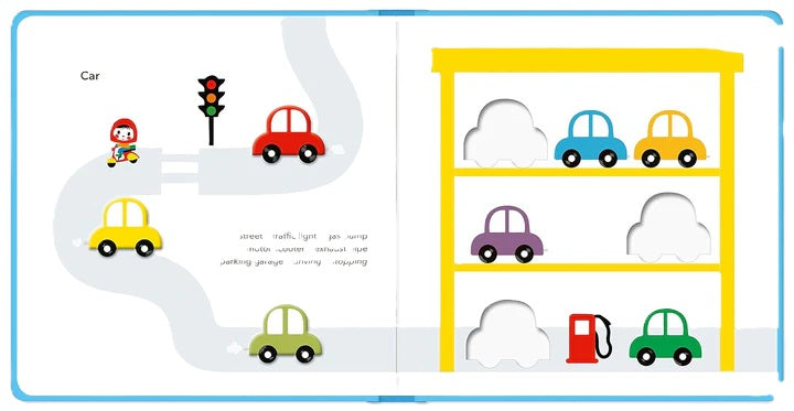 Children's book page with illustrations of cars and a traffic light on a blue background