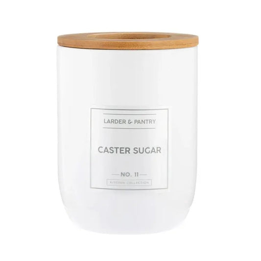White container labeled 'Caster Sugar' with a wooden lid 