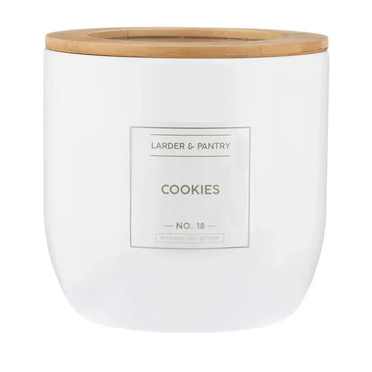 White container with a wooden lid labeled