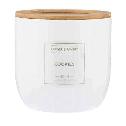 White container with a wooden lid labeled