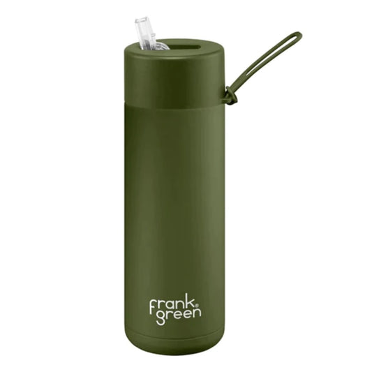 A khaki green ceramic Frank Green bottle with a stainless steel lid and a straw, featuring the brand's logo on the front.
