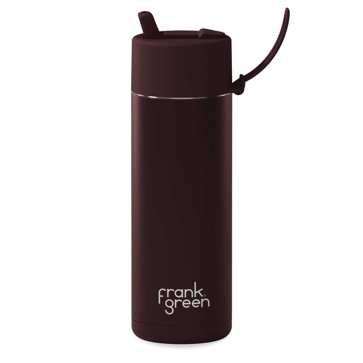 Brown reusable water bottle with a straw lid on a white background, featuring the brand 'frank green'.