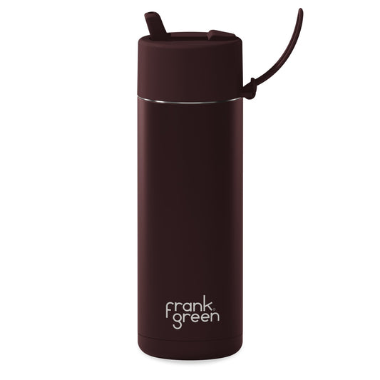 Brown reusable water bottle with a straw lid on a white background, featuring the brand 'frank green'.