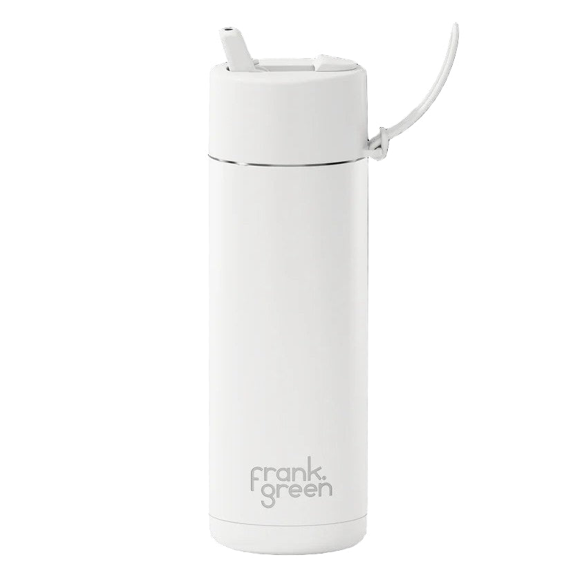 White reusable water bottle with Frank Green logo on a white background