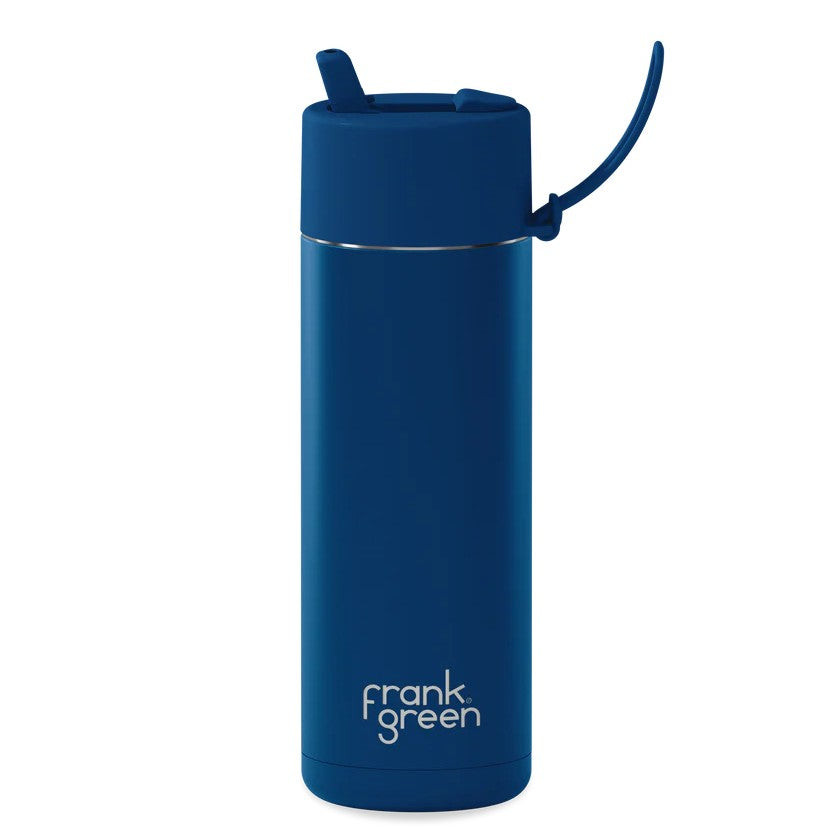 Blue Frank Green reusable water bottle with Frank Green logo on a white background