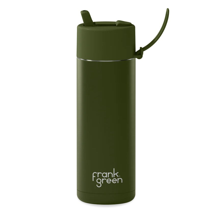 Green reusable water bottle with Frank Green logo on a white background