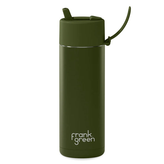 Green reusable water bottle with Frank Green logo on a white background