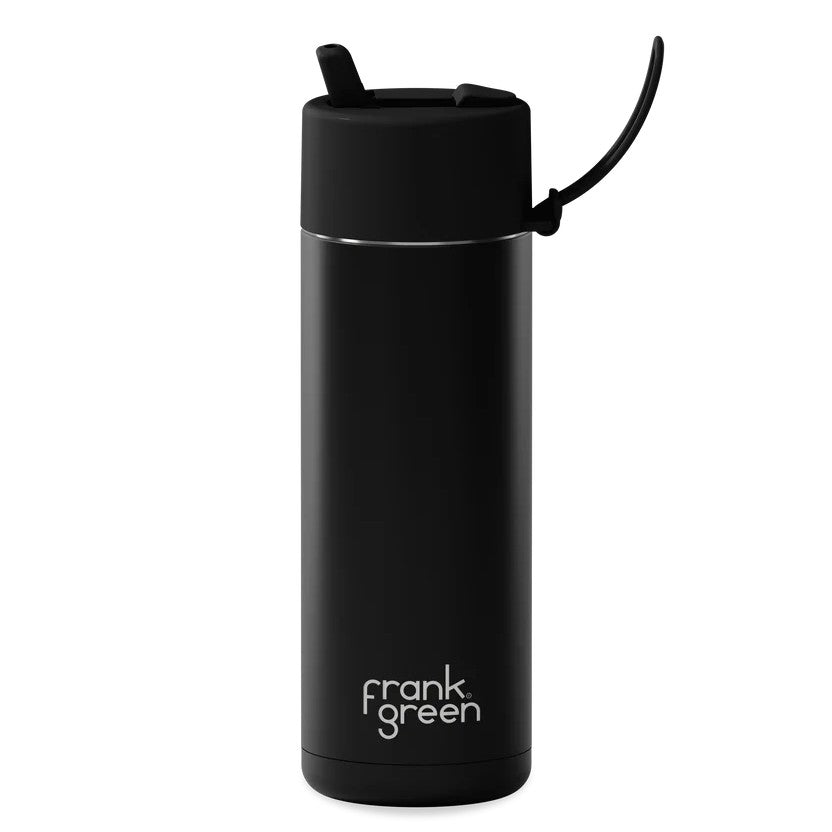 Black reusable water bottle with Frank Green logo on a white background

